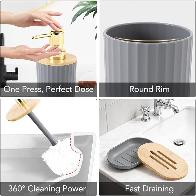Bathroom Accessories Set, 25PCS Wicker Bathroom Accessory Set with Shower Curtain, Bath Mat, Soap Dispenser, Handwoven Trash Can & Ratten Tissue Box (Grey, Bath Set+Shower Curtain+Rugs)