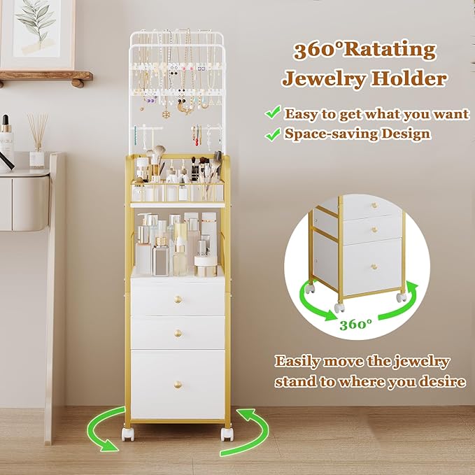 Makeup Organizer Cart with 3 Drawers, Jewelry Organizers and Storage for Earring Necklace, Large Vanity Storage Organizer for Skin Care Perfume Make up Brush Nail Polish Hair Tool (Gold)