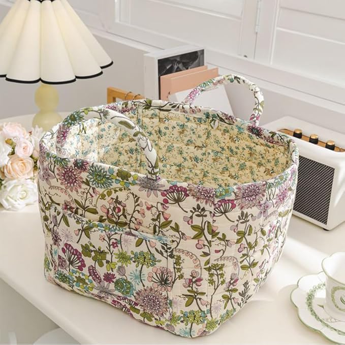 Quilted Fabric Basket Car Storage Basket Boho Floral Laundry Hamper for Nursery Bedroom & Living Room | Organize Clothes Toys