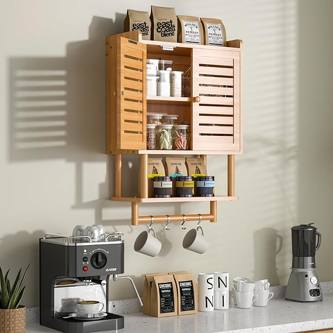 Bathroom Wall Cabinet, Over The Toilet Storage Cabinet with Adjustable Shelves, Medicine Cabinets with Towel Bar, Bamboo Wall Mounted Hanging Cabinet with 2 Door for Laundry Room, Bedroom