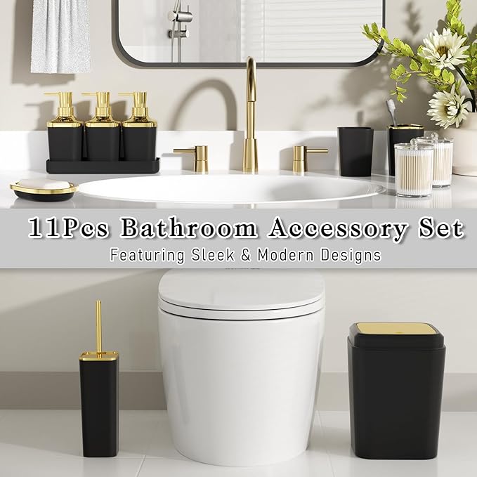 Bathroom Set — Black Bathroom Accessories Set, 11PC Bathroom Accessory Set, Black Bathroom Set with Push-lid Trash Can, 3PC Soap Dispensers, Toilet Brush & Qtip Holders