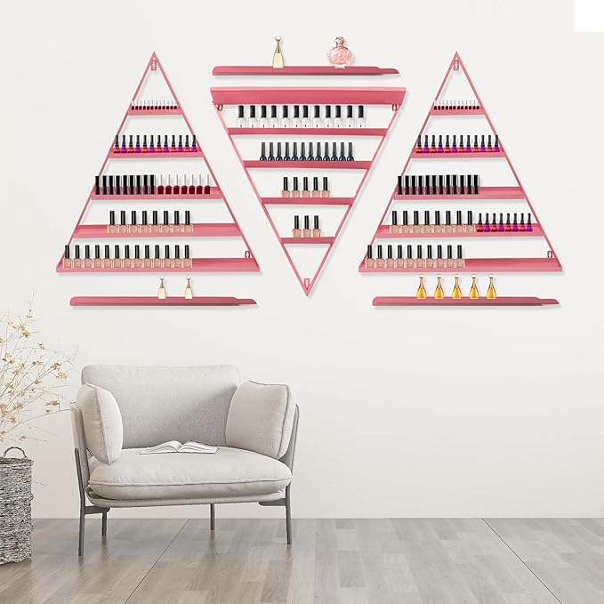 Metal Wall-Mounted Nail Polish Storage Racks,5 Tiers Triangular Nail Polish Organizer Wall,Cosmetic Display Perfume Holder Lipstick Wall Shelf for Nail Salon Shop Home (Pink)