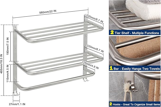NearMoon Bathroom Towel Rack, 3-Tier Towel Holder with Hooks, SUS304 Stainless Steel Towel Hanger, Wall Mounted Towel Shelf Storage, Bathroom Accessories (22 Inch, Brushed Nickel)
