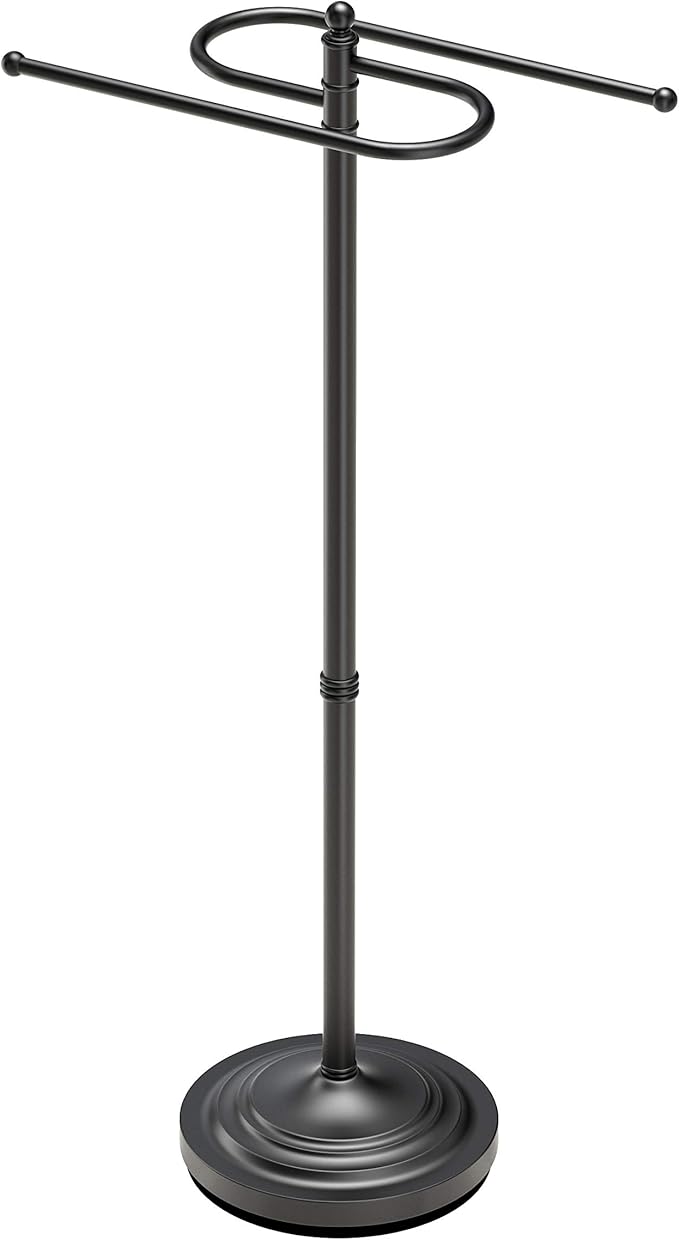 Gatco 1505MX, Modern Round Base Floor Standing S Style Towel Holder, Matte Black / 38" H Freestanding Hand Bath Towel Stand for Bathroom