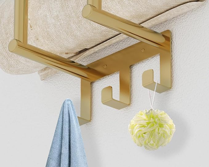 Towel Rack with Metal Shelf and 3 Hooks, Bethom Towel Racks for Bathroom Wall Mounted, Metal Gold Bath Towel Holder Storage Wall for Small Bathroom