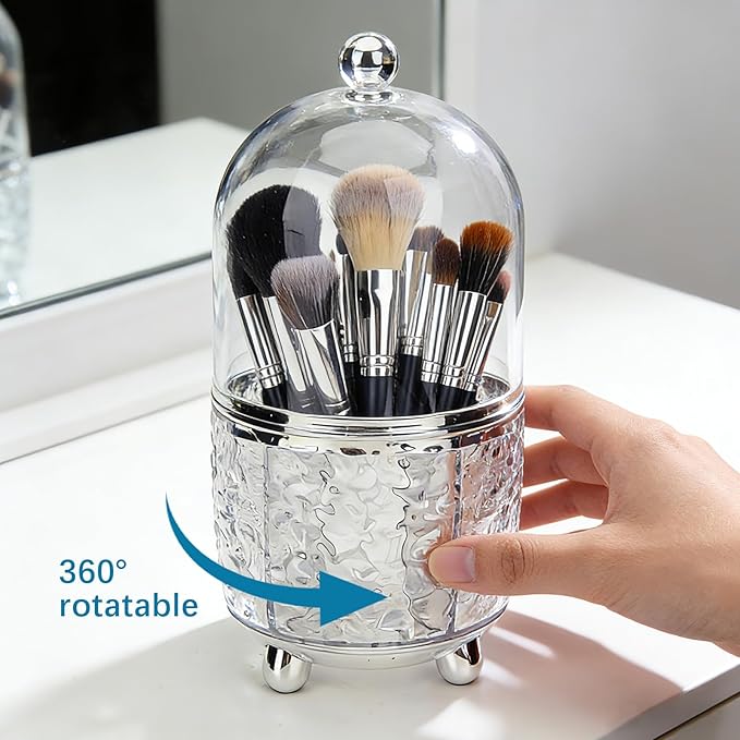 AKAZA 1PCS Rotating Makeup Brush Holder with Lid, rotating makeup organizer for vanity, 360?? Spinning Covered Brushes Storage with Anti-slip Pads for Vanity, Bathroom Countertop (Clear)