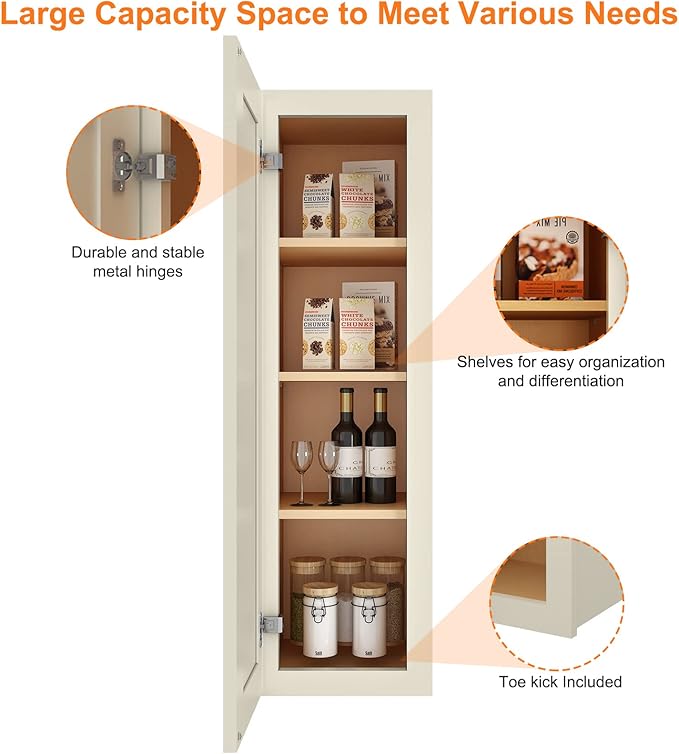 ROOMTEC Wood Wall Cabinet, RTA Single Door Medicine Cabinet with Adjustable Shelves and Soft-Close Door for Kitchen, Bathroom, and Laundry. 12" D*12" W*42" H, Shaker Antique White