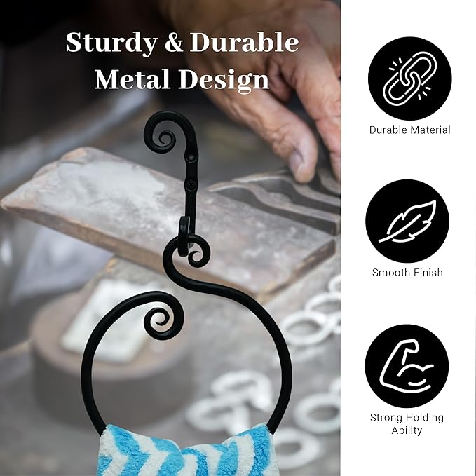 The Metal Magician Round Hand Towel Holder for Bathroom Wall - Kitchen Towel Ring - Aesthetic Design & Heavy Duty Durability - (Ornamental Curve) - (Black)