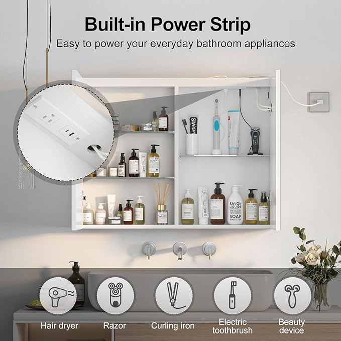 Lighted Medicine Cabinet with Sockets & USB, LED Medicine Cabinet with Lights, Wall Mounted,32X24Inch,Color Adjustment,Large Mirror Cabinet with Electrical Outlet