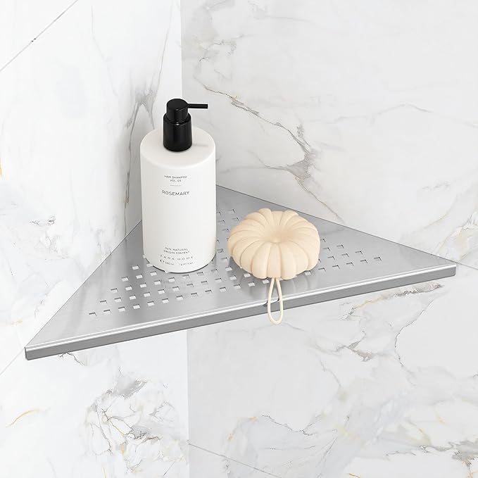 Qeke Bathroom Corner Shelf, Recessed 10" Shower Shelf Caddy, SUS304 Stainless Steel Shelf Wall Mount Triangular, No Drilling, Brushed Nickel