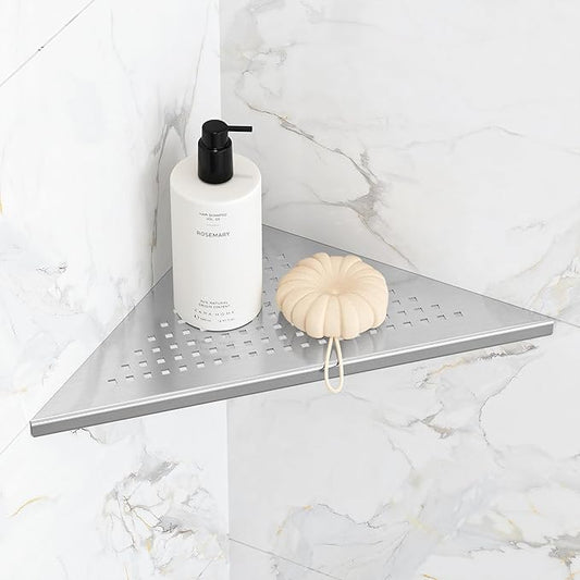 Qeke Bathroom Corner Shelf, Recessed 10" Shower Shelf Caddy, SUS304 Stainless Steel Shelf Wall Mount Triangular, No Drilling, Brushed Nickel
