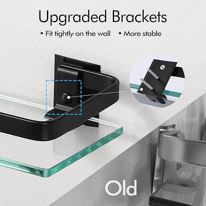 KES Bathroom Glass Shelf, Glass Floating Shelves Aluminum Black Extra Thick Tempered Rectangular 1 Tier Basket Wall Mounted, 2 Pack, A4126A-BK-P2