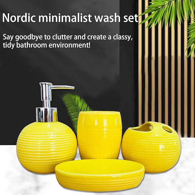 Bathroom Accessories Set 4 Piece Yellow Ceramic Bathroom Decor Accessory Set with Toothbrush Holder,Lotion Dispenser, Soap Dish,Cup