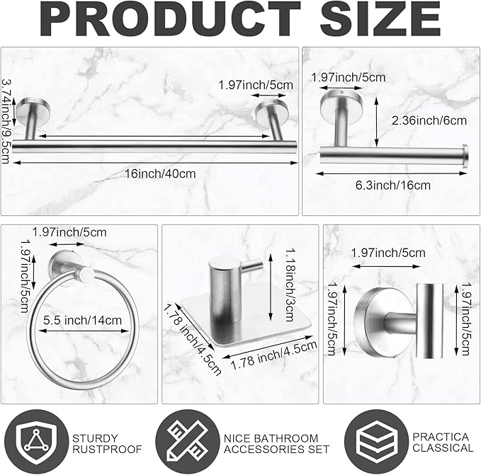 Blulu 28 Pcs Bathroom Hardware Set Stainless Steel Bathroom Accessories Set, Including 16'' Bath Towel Bar, Towel Rings, Robe Hooks, Toilet Paper Holders, Wall Mounted (Silver)
