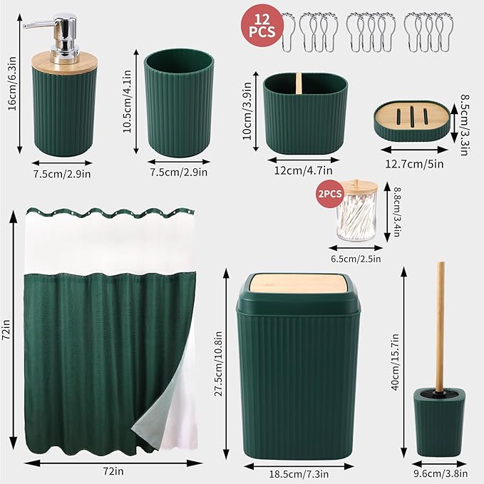 Bathroom Accessories Set, Farmhouse Home Decor, Green Shower Curtain with Snap in Fabric Liner and Hooks, Trash Can, Toilet Brush, Soap Dispenser, Toothbrush Holder, Tumbler, Soap Dish, Jars