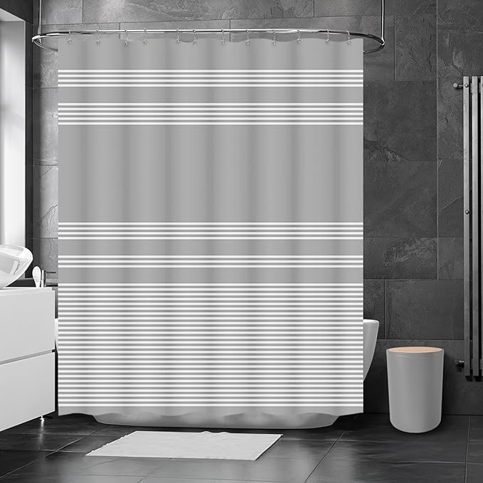 Britimes Bathroom Accessories Set, Grey Shower Curtain Set with Trash Can, Soap Dispenser, Toilet Brush Holder, Toothbrush Holder and Toothbrush Cup for Bathroom Decor