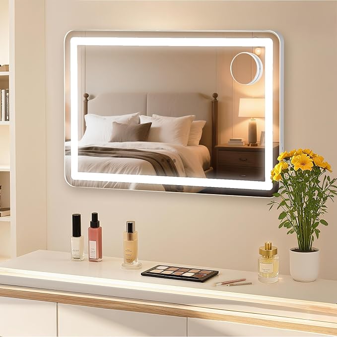 GarveeHome 30.15 in x20.19 in Lighted Makeup Mirror，Led Makeup Mirror,Three Color Lighting Modes, and 10X Magnification Mirror, Smart Touch Control,2 in-1 Vanity Mirror Both Tabletop and Wall-Mounted