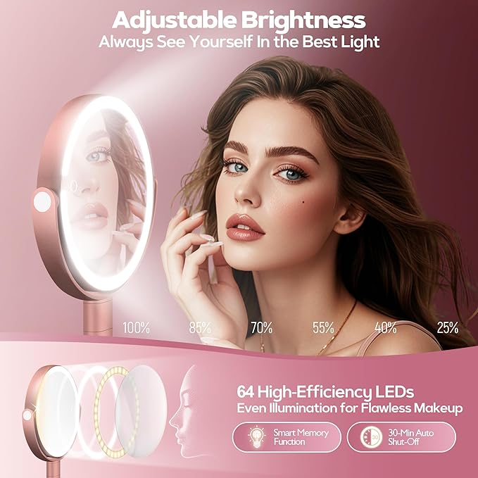 MOMOKUBA Makeup Mirror with Lights, 30X Magnifying & Height Adjustable, Lighted Magnifying Mirror with 3 Light Modes & Stepless Dimming, Vanity Mirrors for Bathroom, Birthday Gift for Women, Rosegold