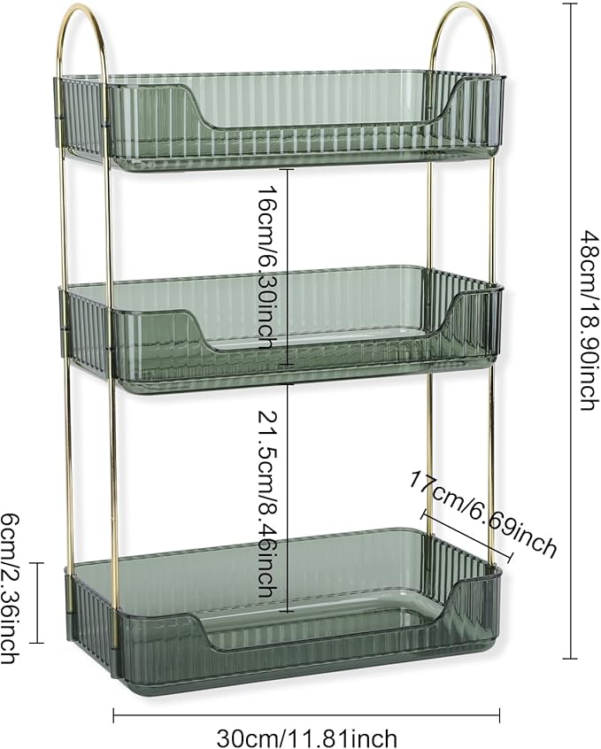 3-Tier Vintage Makeup Organizer Countertop for Vanity, Detachable Makeup Holder, Exquisite Ribbed Bathroom Counter Storage, Stackable Cosmetic Jewelry Perfume Skincare Green Shelf, Easy to Clean