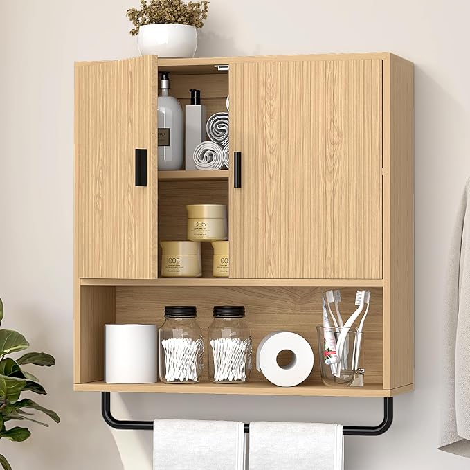 Bathroom Cabinet Wall Mounted: Over The Toilet Storage Cabinet with Adjustable Shelf & Towels Bar - 3-Tier Wood Medicine Cabines Large Space