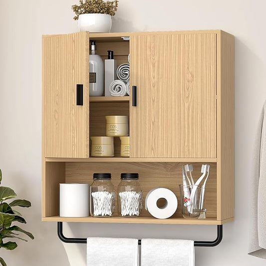 Bathroom Cabinet Wall Mounted: Over The Toilet Storage Cabinet with Adjustable Shelf & Towels Bar - 3-Tier Wood Medicine Cabines Large Space