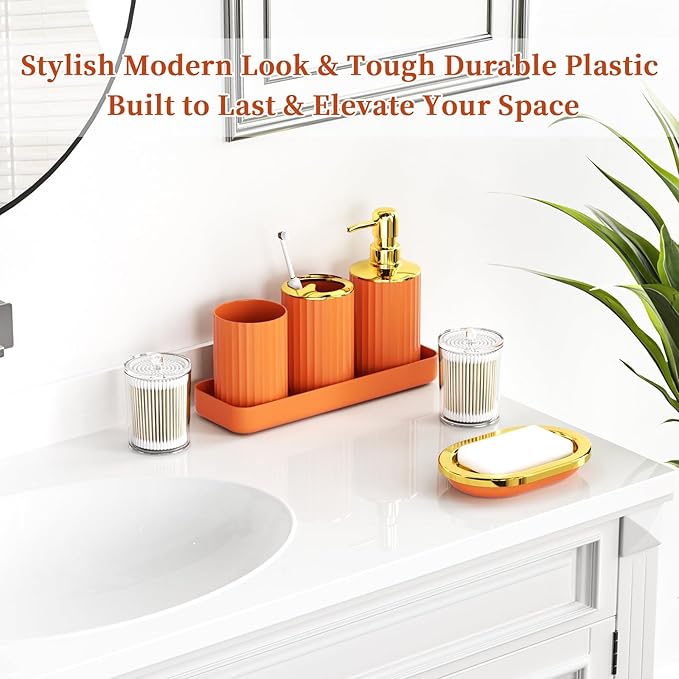 Orange and Gold Bathroom Accessories, Bathroom Sets with Shower Curtain and Rugs, Bath Rugs Accessory Set with Bathroom Trash Can, Soap Dispenser, Soap Dish for Home Decor