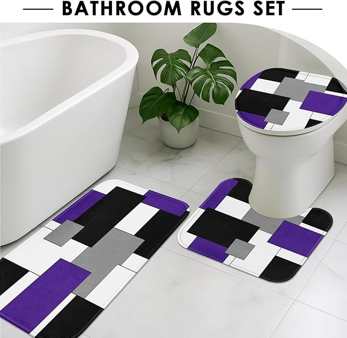 Purple Geometric Shower Curtain Set with Toilet Lid Cover and Non-Slip Rugs for Bathroom, Grey Black White Checkered 4 Pcs Shower Curtain, Abstract Modern Bathroom Set with 12 Hooks