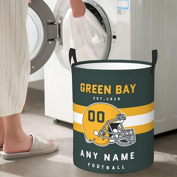 Custom Green Bay Laundry Hamper - Personalized Football Style Laundry Basket - Customized Name And Number - Dirty Clothes Hamper Waterproof Large Capacity Hamper for Bedroom Bathroom Living Room