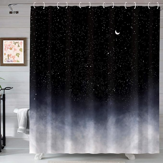 Neasow Black Shower Curtain,Stars and New Moon Bathroom Curtain Night Starry Sky Shower Curtains