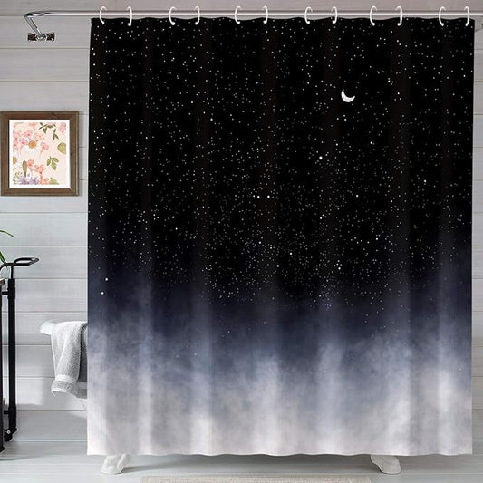 Neasow Black Shower Curtain,Stars and New Moon Bathroom Curtain Night Starry Sky Shower Curtains