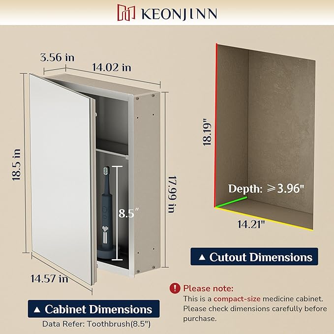 Keonjinn Medicine Cabinet 14 x 18 in, Assembly Required, Bathroom Medicine Cabinets Mirror, Lightweight, One Shelve Only, Surface Mount or Recessed, Tempered Glass