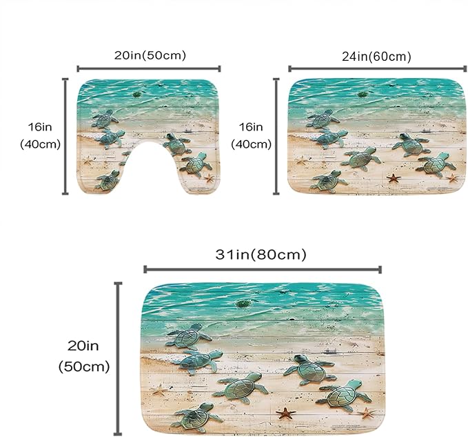 Nautical Tropical Sea Turtle Rustic Wood Plank Beach Bathroom Rugs and Mats Sets 3 Piece, Memory Foam Bath Mat, U-Shaped Contour Shower Mat Non Slip Absorbent, Velvet Washable 20 x 31 inch Green Teal