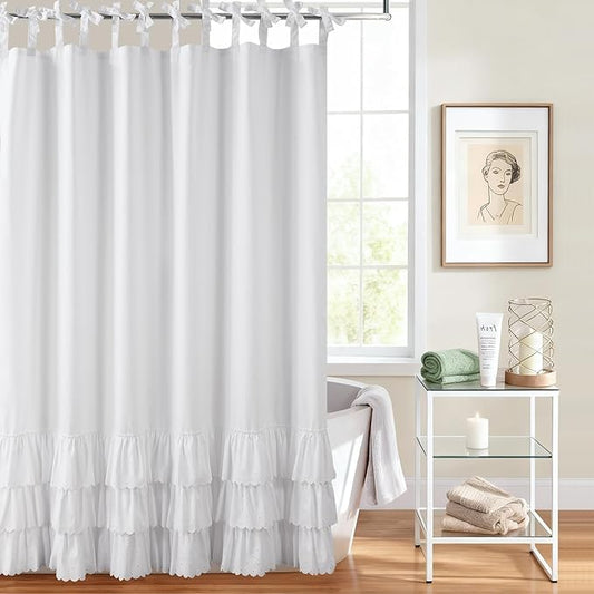 Adjustable Bow-Tie Top White Ruffle Shower Curtain for Girls Women, Delicate Fabric Shower Curtain with Handcrafted Ruffles and Small Holes, Waterproof Ruched Farmhouse Bathroom Curtain, 72"W x 72"H