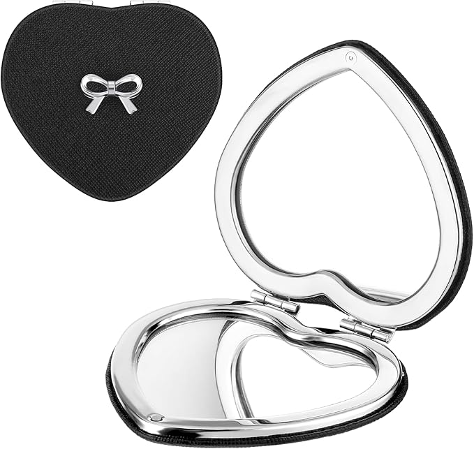 Qianyu Compact Folding Heart Shaped Double-Sided 1X/2X Magnifying Mini Glitter Makeup Mirror with PU Leather for Women Home, Office and Travel (Silver)