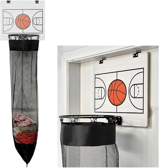 Oversized Basketball Laundry Hamper with Wooden Backboard – Over the Door Basketball Hoop Laundry Basket for Dirty Clothes, Boys Room Organizer & Fun Clothes Hamper (White)