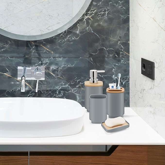 IMAVO 11 Piece Grey Bathroom Set, Trash Can, Toilet Brush, Storage Tray, Complete Bathroom Accessories Organization Kit for Bathroom Décor and Home Gifts