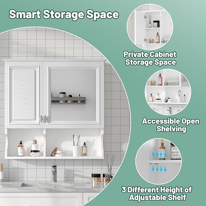 Bathroom Wall Cabinet with Mirror, Medicine Cabinet with 2 Doors and Adjustable Shelf, Space Saver Storage Cabinets Over The Toilet for Bathroom (30'' x 28'')