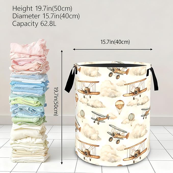 Vintage Airplane Laundry Basket,Dirty Clothes Hamper,Retro Plane and Cloud Storage Bin,Aviation Lovers Gifts,Waterproof Oxford Cloth Baskets for Bathroom,Bedroom,Home Decoration(19.7" x 15.8")