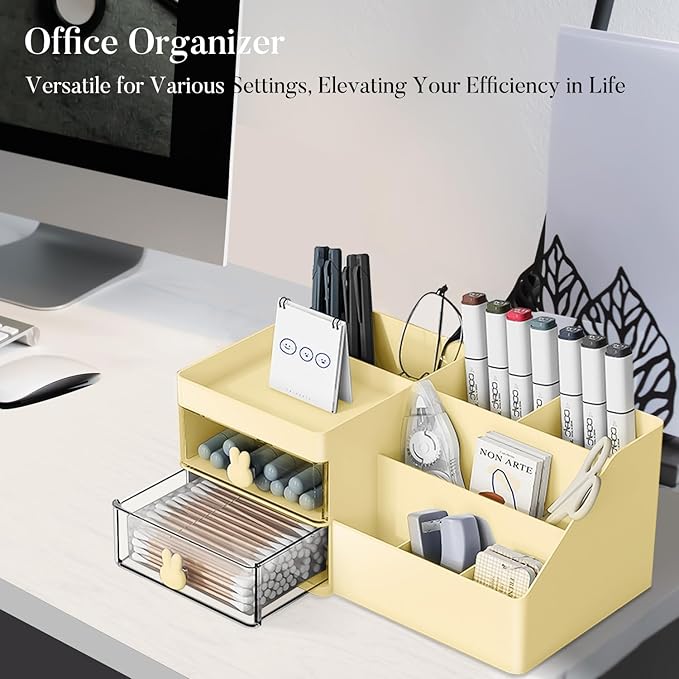 Makeup Organizer, Cosmetic Desk Storage Box with Drawers Skincare Organizers for Dressing Table, Countertop, Bathroom Counter, Vanity Holder for Brushes, Lotions, Lipstick, Perfume (Yellow-Clear)