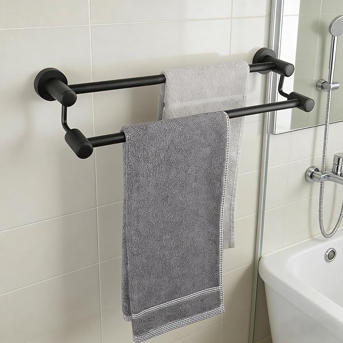 TocTen Double Bath Towel Bar - Thicken SUS304 Stainless Steel Towel Rack for Bathroom, Bathroom Accessories Double Towel Rod Heavy Duty Wall Mounted Towel Holder (Matte Black, 16 in)