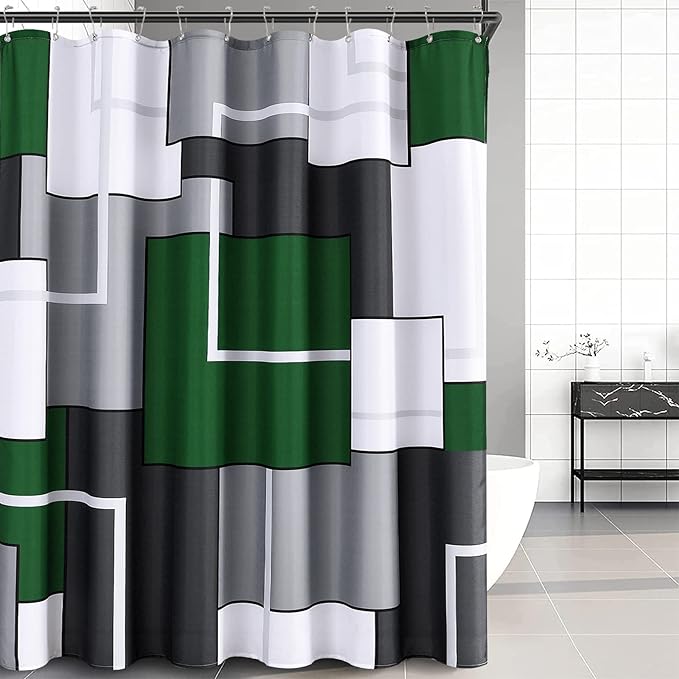 Green Shower Curtains for Bathroom Grey Shower Curtain Set with Hooks Geometric Linen Fabric Green and White Bath Curtains Decorative Water Repellent, 72x72