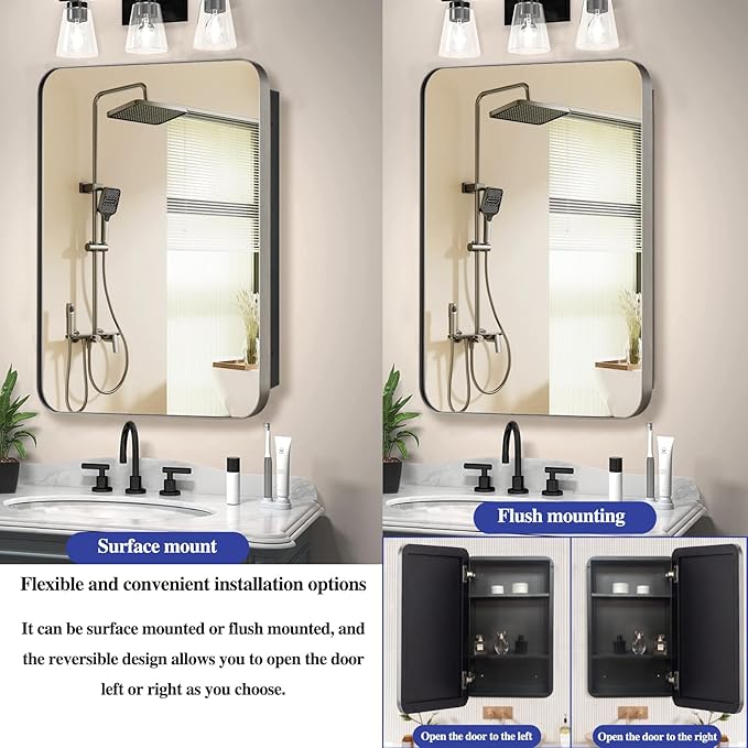 20" x 26" Bathroom Medicine Cabinet with Mirror Door, Brushed Nickel Stainless Steel Frame, Recessed or Surface Mounted,Storage Cabinet with Adjustable Metal Shelves,Upgraded Version