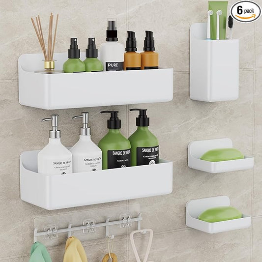Adhesive Shower Caddy 6 Pack Rustproof Shower Shelves for Inside Shower No Drilling Bathroom Organizers and Storage & Home Décor & Kitchen Large Rack with Soap Holder Clear (white)