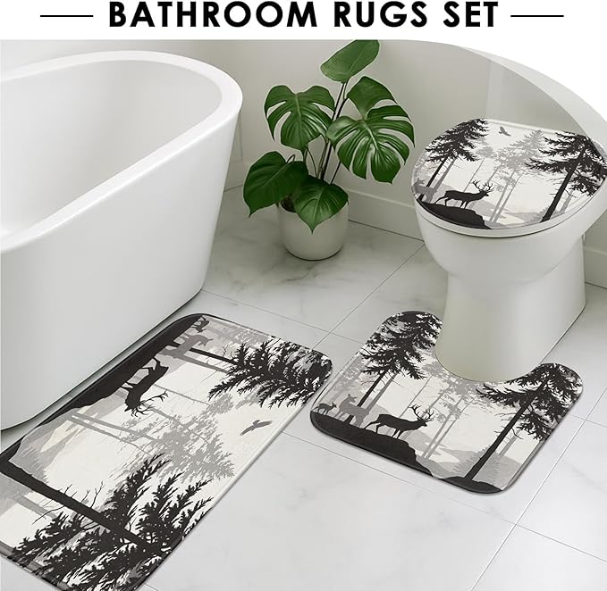 Britimes 4 Piece Shower Curtain Sets, with 12 Hooks, Pine Forest Family Deer with Non-Slip Rugs, Toilet Lid Cover and Bath Mat for Bathroom Decor Set, 72" x 72"