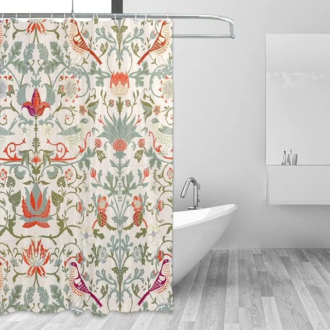 Bohemia William Morris Art Fabric Shower Curtain,Abstract Retro Mid Century Boho Floral Bird Hotel Quality,Machine Washable,84L x72W for Bathroom.