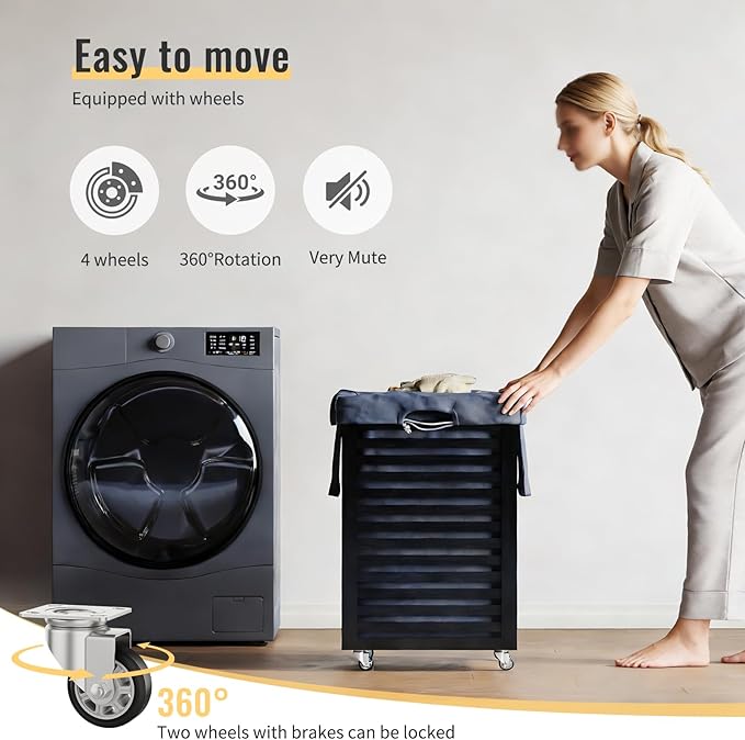Laundry Hamper with Wheels,Rolling Laundry Basket with Removable Bag,Bamboo Clothes Hampers with Handles for Clothing, Bathroom, Bedroom, Laundry Room (Black)