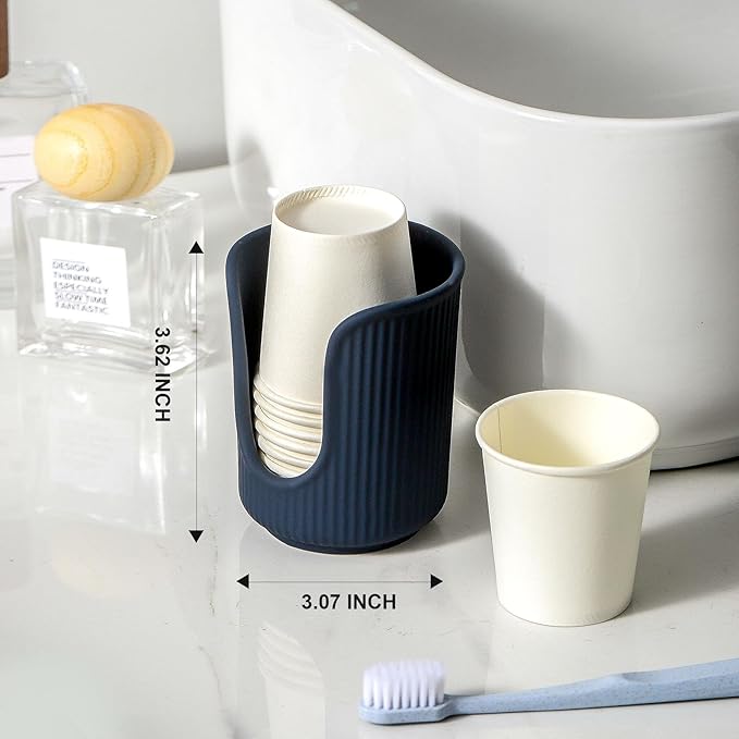 Dobbyby Ceramic Bathroom Cup Dispenser with Stylish Vertical Stripes - Disposable Mouthwash Cup Holder Holds 3-4oz Paper Cups for Rinsing Cups on Bathroom Vanity Countertops (Matte Blue)