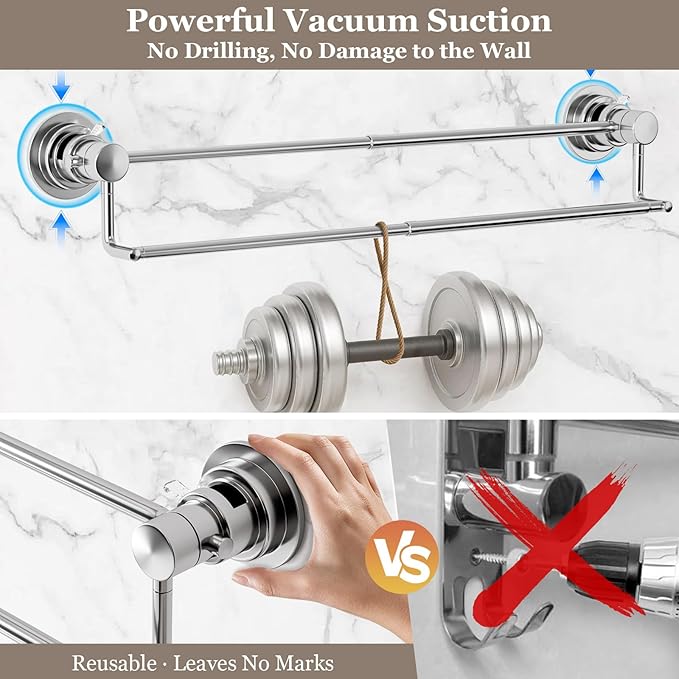 Suction Cup Double Towel Bar Adjustable 13"-25", Bath Sheet Rack Stainless Steel for Glass Shower, Powerful Vacuum Towel Holder for Bathroom, Kitchen, RV, and Renters