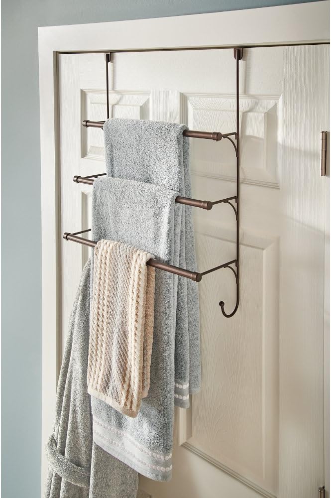 Franklin Brass (1-Pack) Over the Door Hooks Triple Towel Rack Bronze 3-Tier Towel Bar Rack with Hooks for Bathroom Organizers and Storage Towel Holder for Bath, Hand Towels, Accessories 193153-CBZ