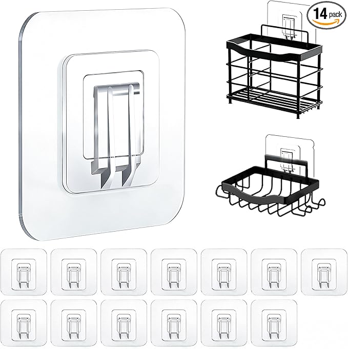 Shower Caddy Adhesive Replacement Hooks, Strong Waterproof Strips, No Drilling for Bathroom Shelves, Kitchen Racks, and Soap Holders (Transparent-14 Pack 1Hook)